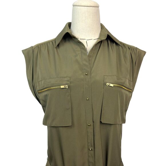 Express Green Sleeveless Button Front Zip Pockets Collared Shirt Dress Size XS - Picture 2 of 8